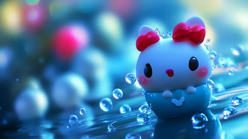 Cute cat toy in water with droplets and bokeh light.