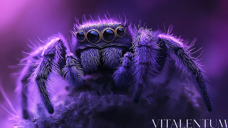 Jumping spider rendered in vivid purple neon macro lighting