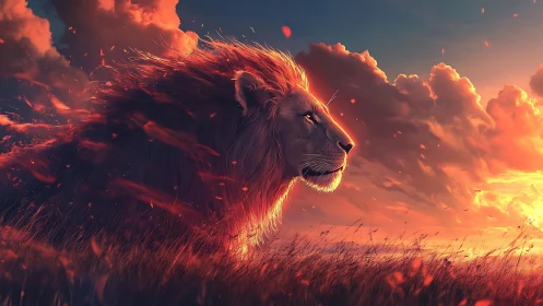 Lion profile appears against illuminated clouds at sunset