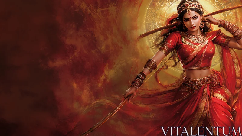Warrior figure in red sari before circular golden backdrop.