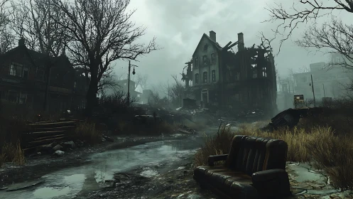 Soggy armchair stares down a brooding, half‑burned mansion