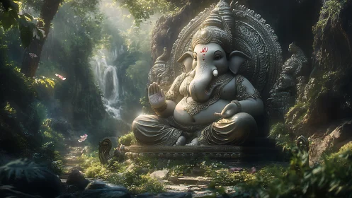 Gentle Ganesha statue rests peacefully in a lush forest shrine