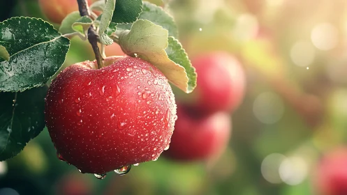 Dew-kissed red apple glows softly in warm orchard light.