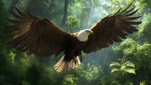 Majestic Bald Eagle Soaring Over Lush Green Forest, Realistic Art.