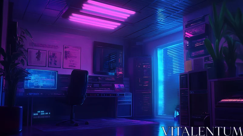 Retro-futuristic neon control room with servers and consoles.
