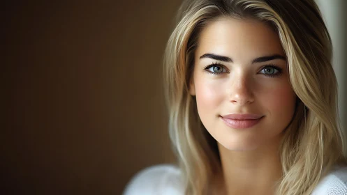 Portrait shows centered woman against blurred neutral background