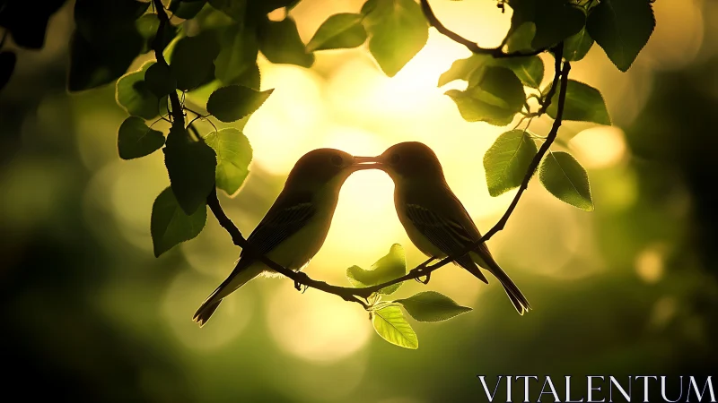 Two birds touching beaks on leafy branch at sunset, romantic silhouette.