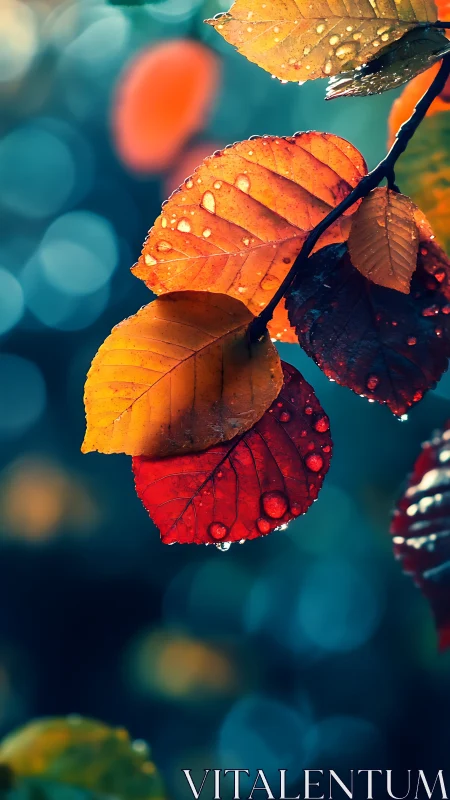 Raindropped autumn leaves in rich bokeh glow.
