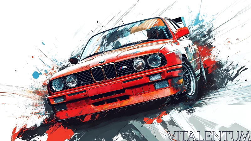 Red drift car surges through explosive abstract color field.