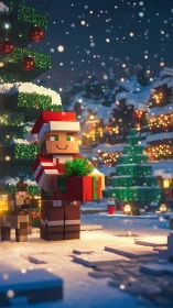 Blocky character holds Christmas gift in snowy village