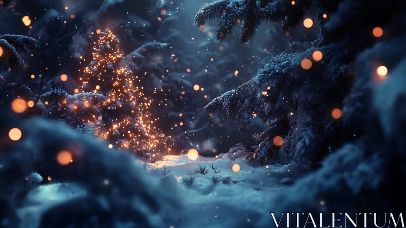 Snowlit spruce cathedral with firefly-bright winter lights.