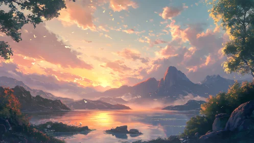 Sunlit alpine lake with volumetric clouds and layered mountains