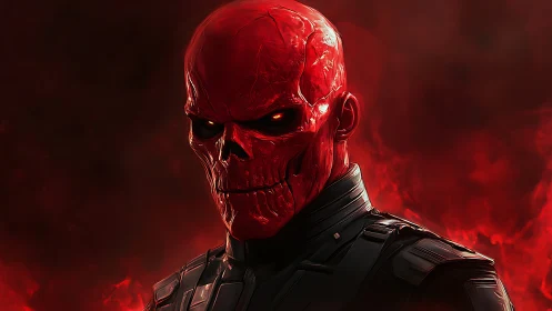Red skeletal humanoid portrait is rendered against dark flames
