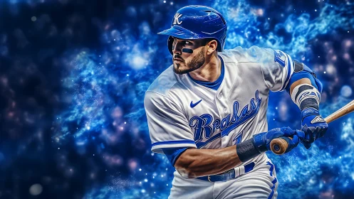 Baseball player prepares to swing bat against blue abstract backdrop