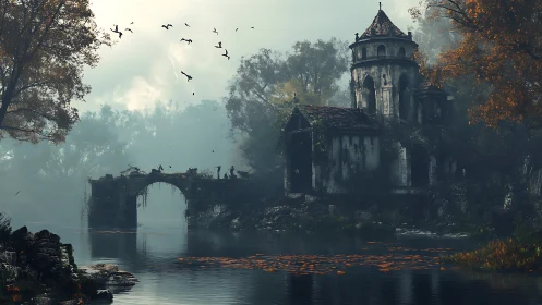 Misty riverside ruin where quiet fog meets hidden stories.