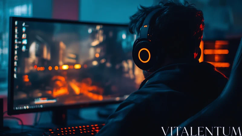 Photorealistic gamer workstation in neon orange teal glow.