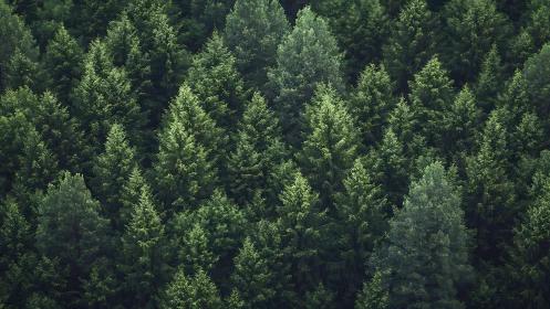 Dense Evergreen Forest Canopy in Soft Natural Light, Aerial View.