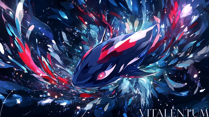 Abstract cosmic whale surrounded by vivid color shards.