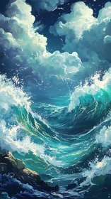 Roaring ocean waves rise beneath towering painted clouds.