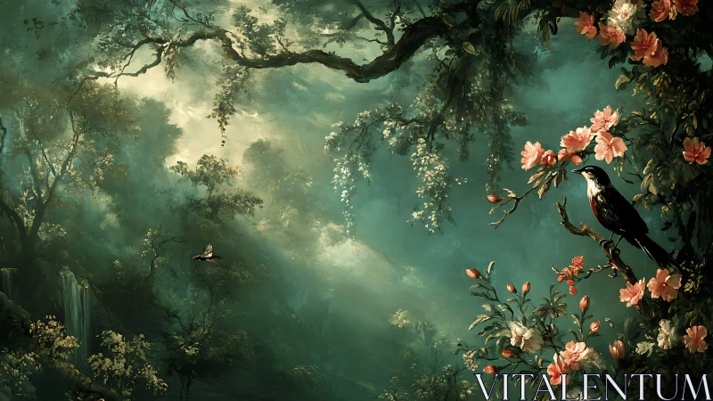 Forest scene with perched bird and flowering branches.