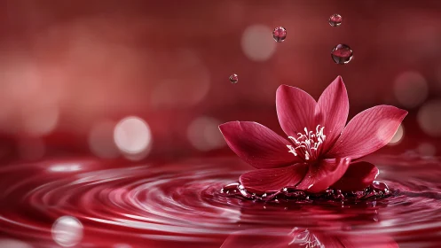 Macro red blossom on reflective liquid surface with droplets