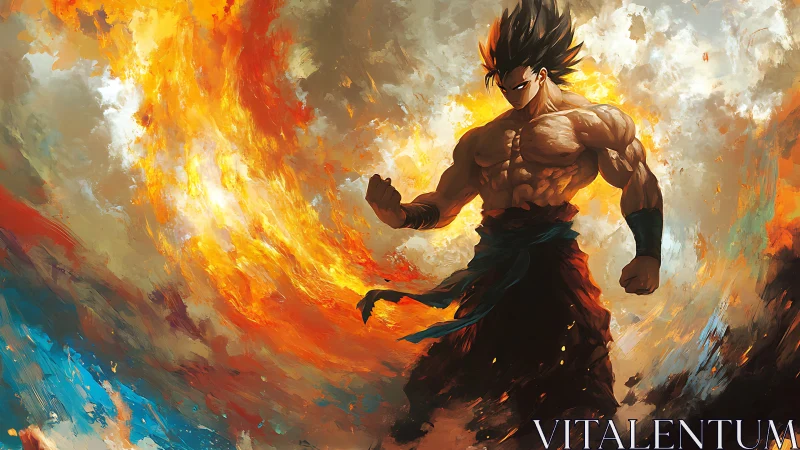 Muscular anime warrior channels swirling elemental firestorm