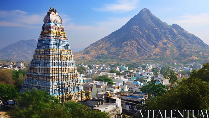 Tiered temple tower guards a sunlit South Indian mountain town.