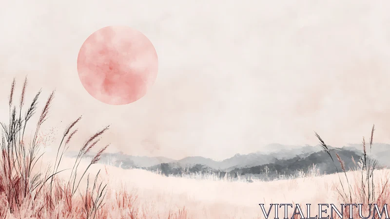 Pastel grassland landscape with misty hills and red sun.