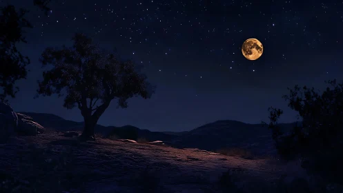 Lone tree on rocky hill under bright full moon night sky.