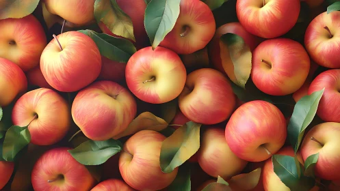 Red and yellow apples with green leaves in dense arrangement.