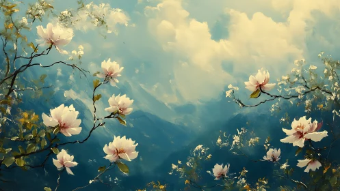 Soft spring blossoms drifting above dreamy blue hills.