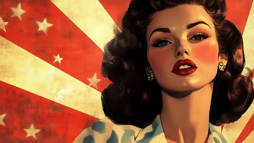 Radiant retro beauty glowing before a bold starry flag.