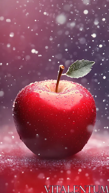 Macro red apple with water droplets in soft bokeh snowfall