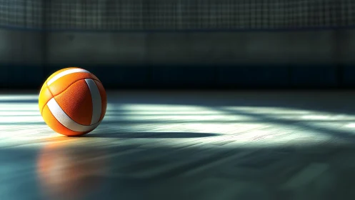 Sunlit volleyball rests quietly on empty indoor court.