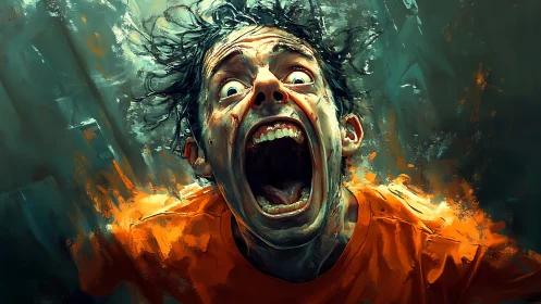 Raw scream in blazing motion, expressive digital portrait.