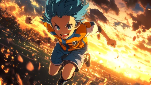 Dynamic anime runner against cinematic sunset skyline field.