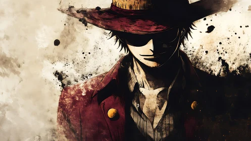 Stylized anime gunslinger in hat rendered with grunge ink splatter