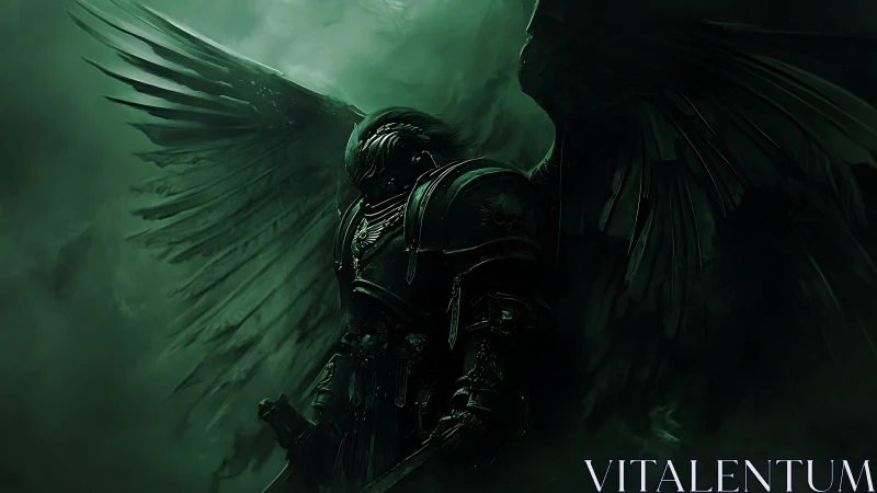 Midnight winged guardian resting in misty battle armor.