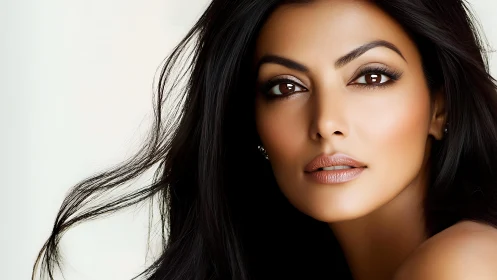 Close-up of woman with long dark hair and neutral makeup.