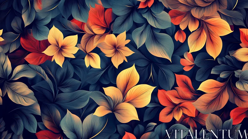 Bold tropical floral illustration with layered foliage pattern.