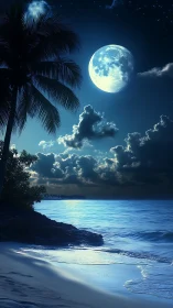 Tropical shoreline under luminous full moonlight glow.