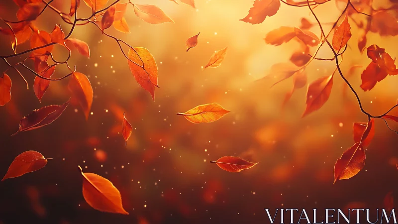 Golden autumn leaves drift softly through warm light.
