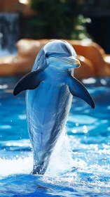 Playful dolphin leaping vertically from vivid blue pool.