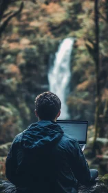 Remote worker codes on laptop before blurred forest waterfall