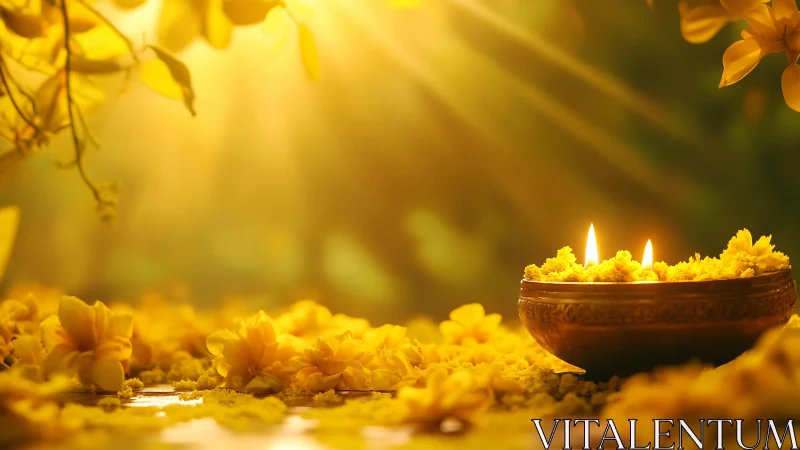 Golden marigold petals and ritual candles in warm bloom.
