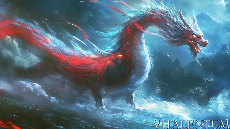 Mythic crimson water dragon surges through storm surf.