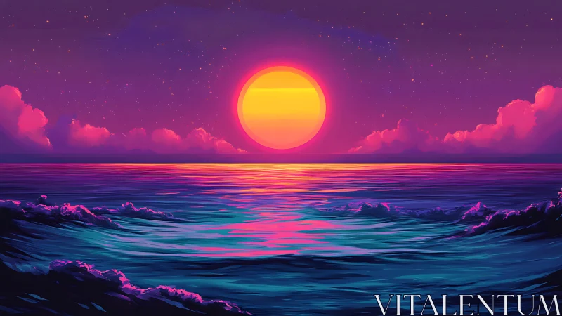 Neon dusk sun pours candy light across electric tides.