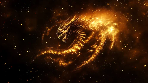 Luminous Fire Dragon in Cosmic Void, Dynamic Digital Painting.
