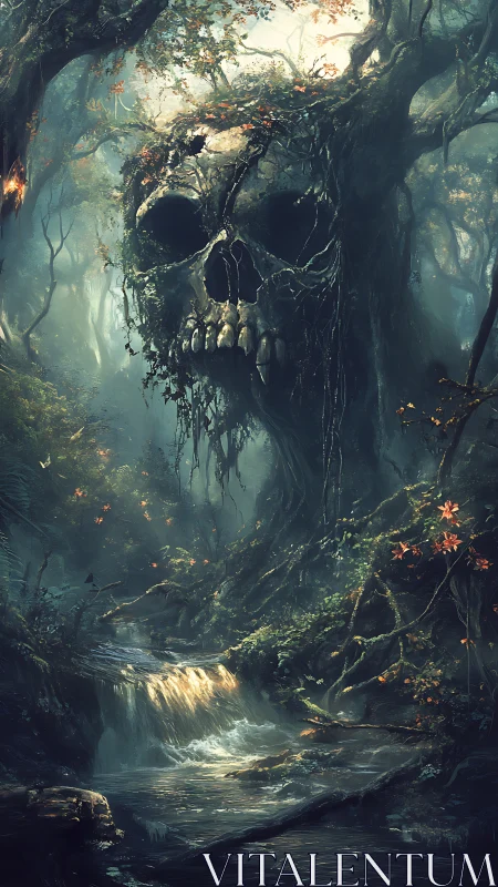 Skull-shaped arboreal colossus above misted forest stream
