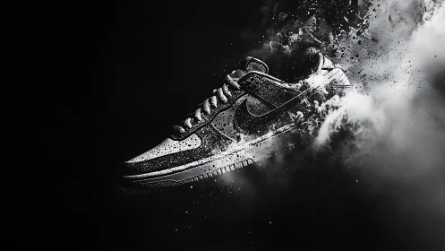 Monochrome athletic shoe in partial particle dispersion effect.